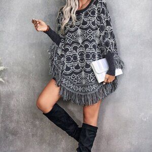 Boho Fringe Poncho Sweater Gray & Cream Tribal Knit O/S
